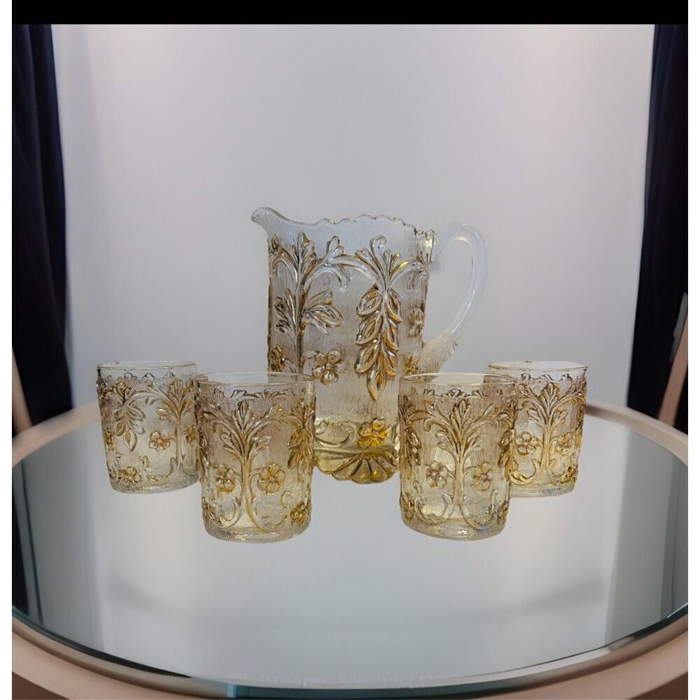 Vintage Beaumont Gold Pressed Elegant Glassware Pitcher Tumbler Set